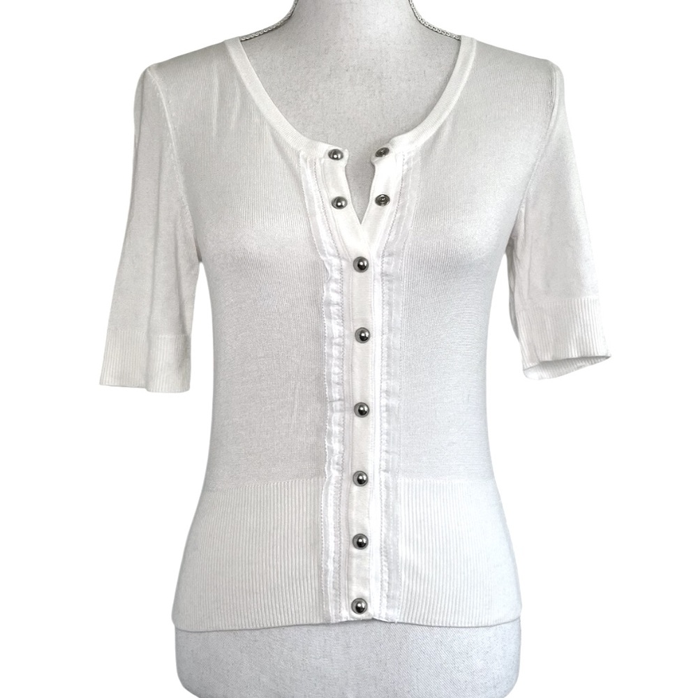 WHITE HOUSE BLACK MARKET Sweater Top Lightweight Knit Silver Snaps White Size S